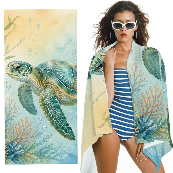 RKSupls Oversized Microfiber Beach Towel - Watercolor Sea Turtle Print, for Bathroom, beach- 30x60 in