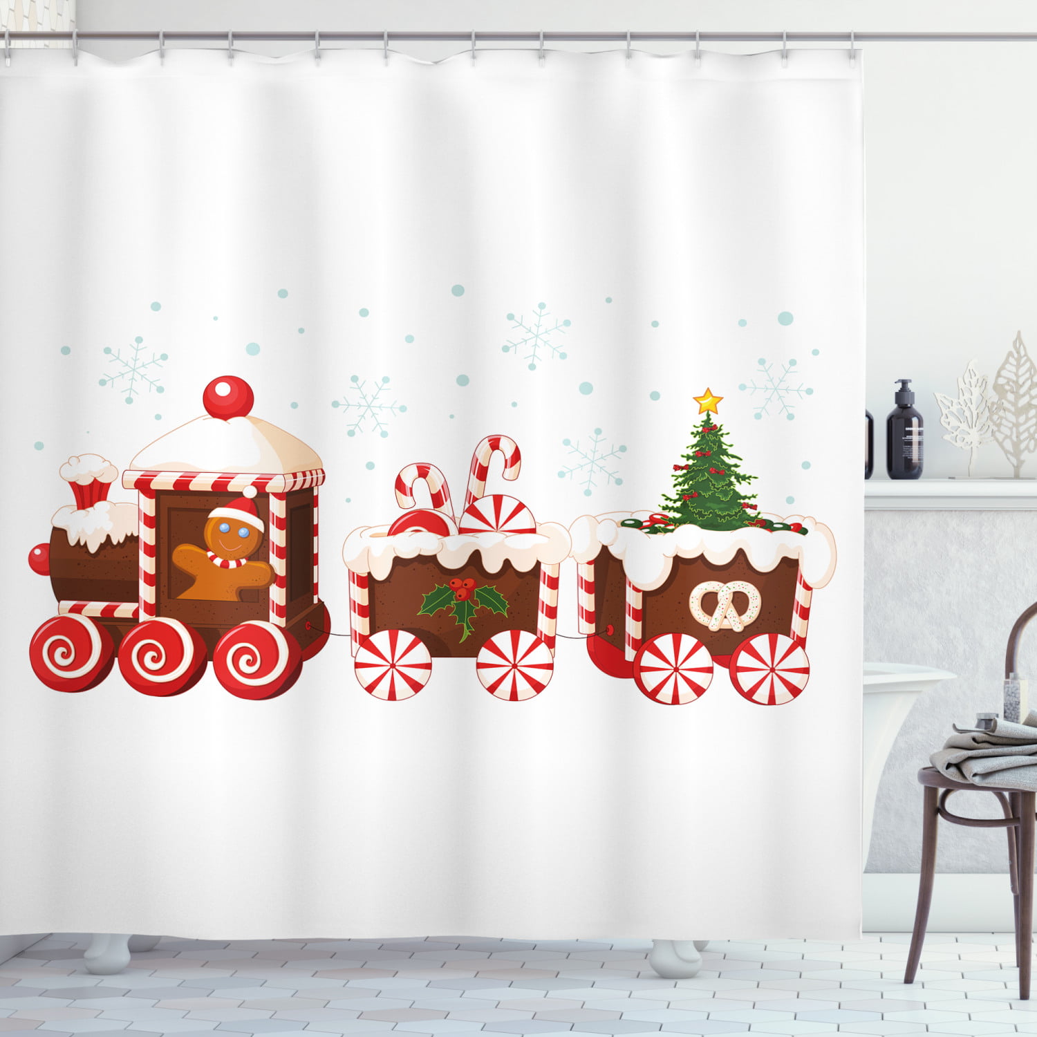 Christmas Fruits Candy Cane Gingerbread Waterproof Fabric Shower Curtain Set 72" 