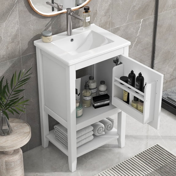 20" Bathroom Vanity with Sink, Small Bathroom Cabinet with Soft Close Door, Storage Rack & Open Shelf, Free Standing Combo with Ceramic Sink, White