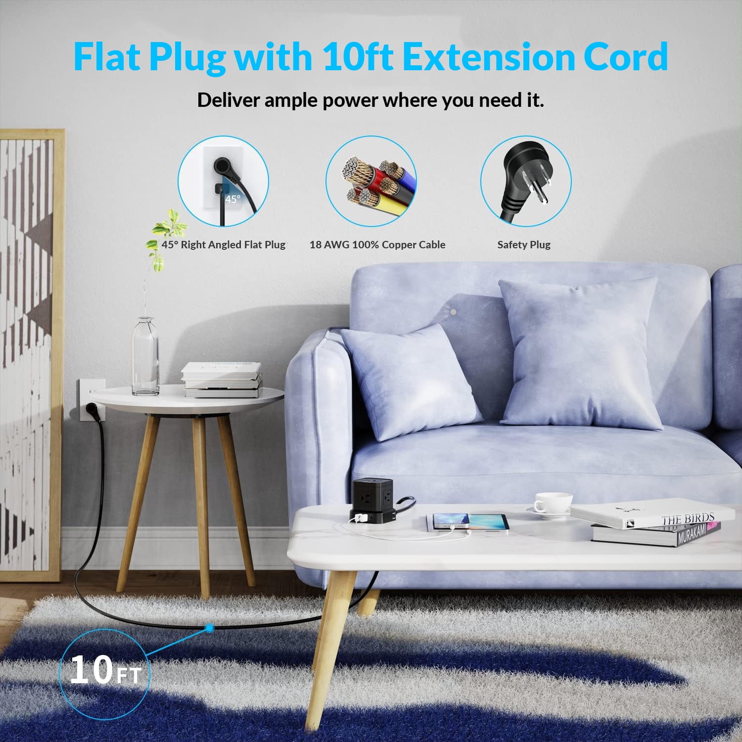 Cube Power Strip with Surge Protection – 10ft Extension Cord, 5 AC Outlets + 3 USB + 1 USB-C Fast Charging Ports, Mountable Charging Station with On/Off Switch