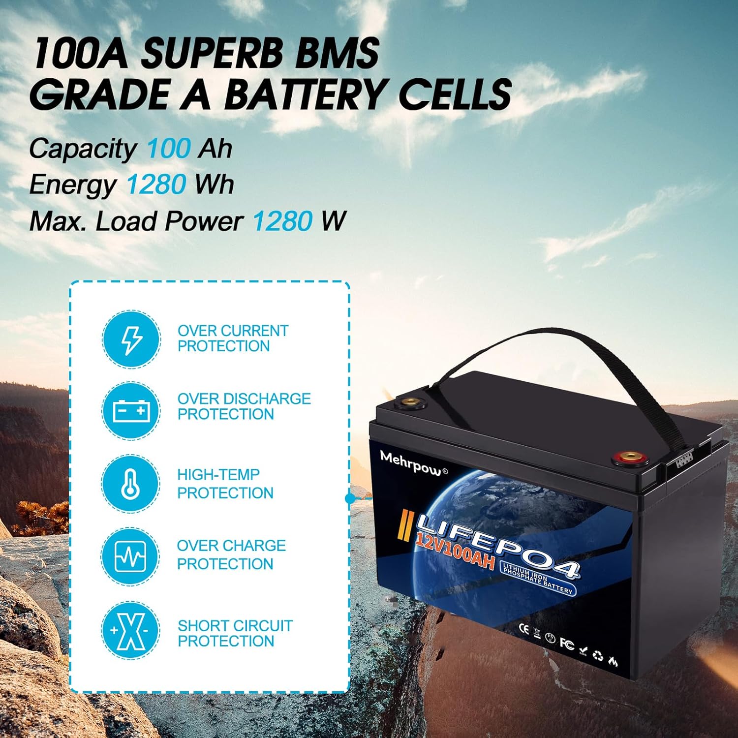 12V 100Ah LiFePO4 Lithium Battery, 100A BMS,Up to 15000 Cycles, Max.1280Wh Energy with 10 Years Lifetime Low Temp Cut off, Support in 4S/4P,Perfect for RV, Camper, Boats, Solar, Trolling Motor