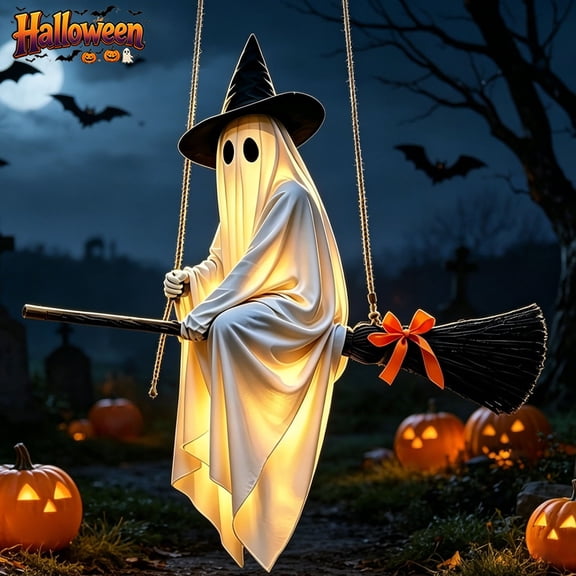 Lighted Flying Ghost On Broomstick Hanging Ornament With Remote Control,Witch Hat Glowing Ghost Plastic Decor,Indoor Outdoor Halloween Front Porch Yard Tree Patio Spooky Seasonal Home Decor Gift