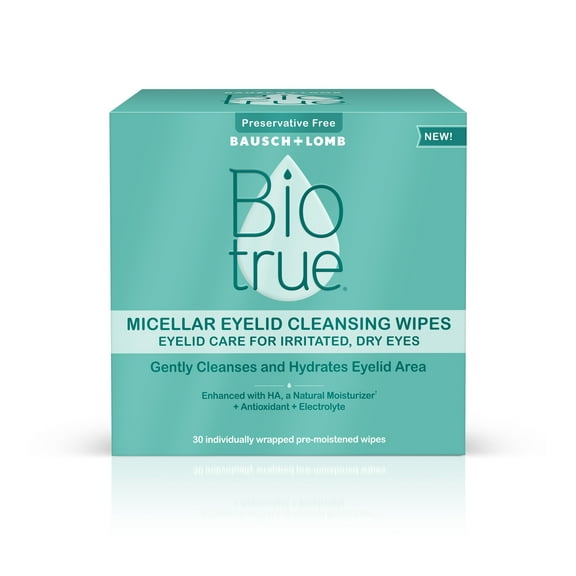 Biotrue Micellar Eyelid Cleansing Wipes, Eyelid Care for Irritated and Dry Eyes, Preservative Free, Pack of 30 from Bausch Lomb