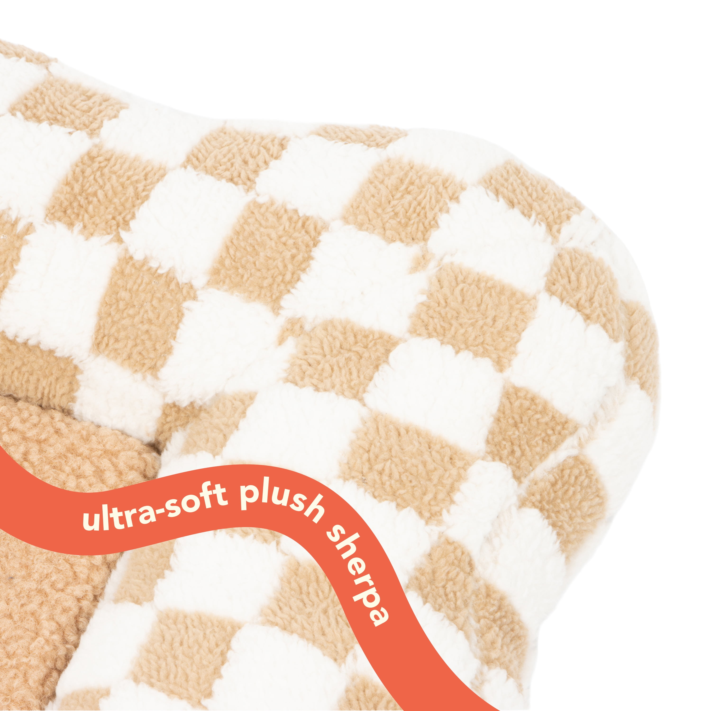 Oodles Checkered Sherpa Cloud Pet Bed, Tan, XL 42" L x 27" W