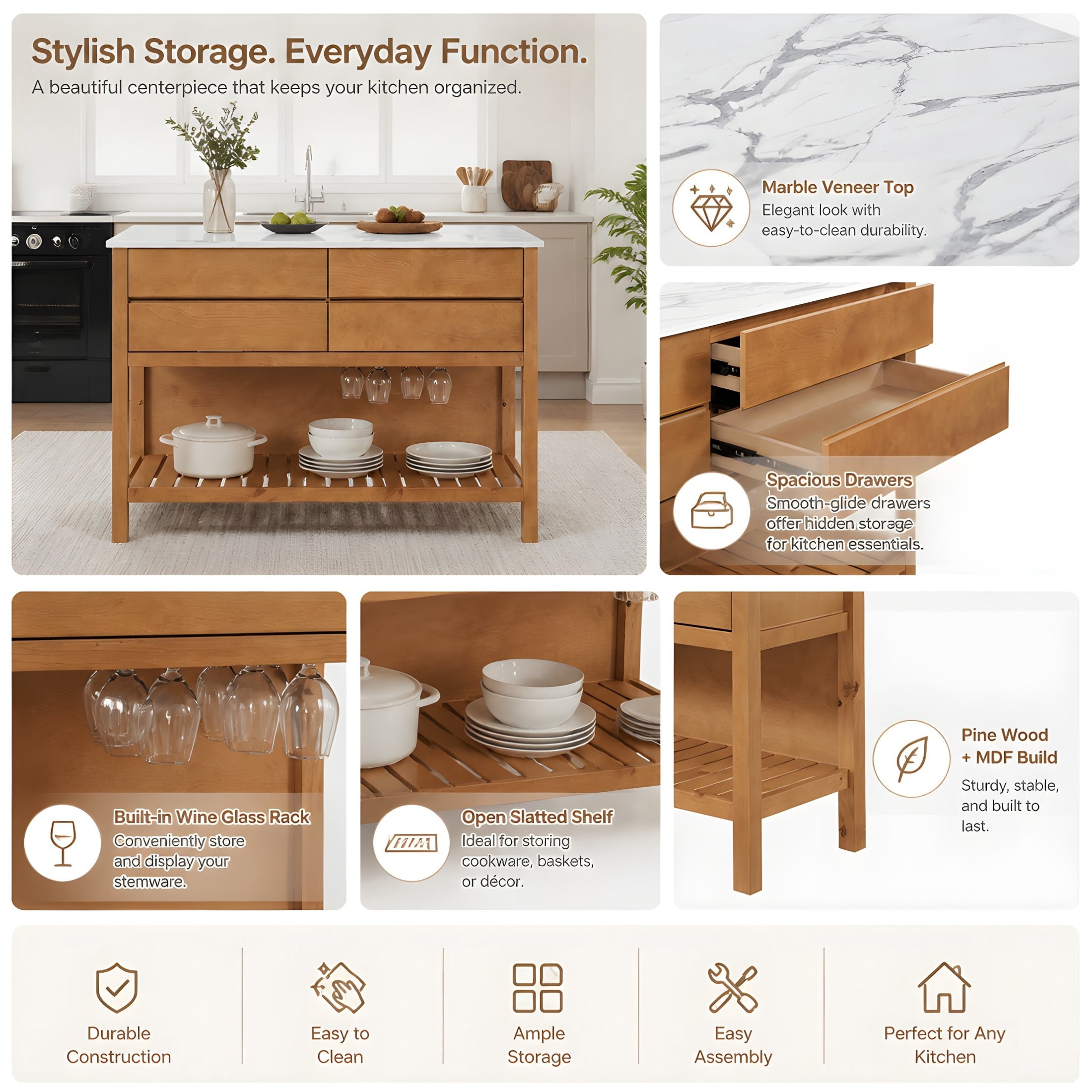 Christopher Knight Home 57" Kitchen Island Cabinet, Solid Wood with Marble Veneer Top, Natural+White