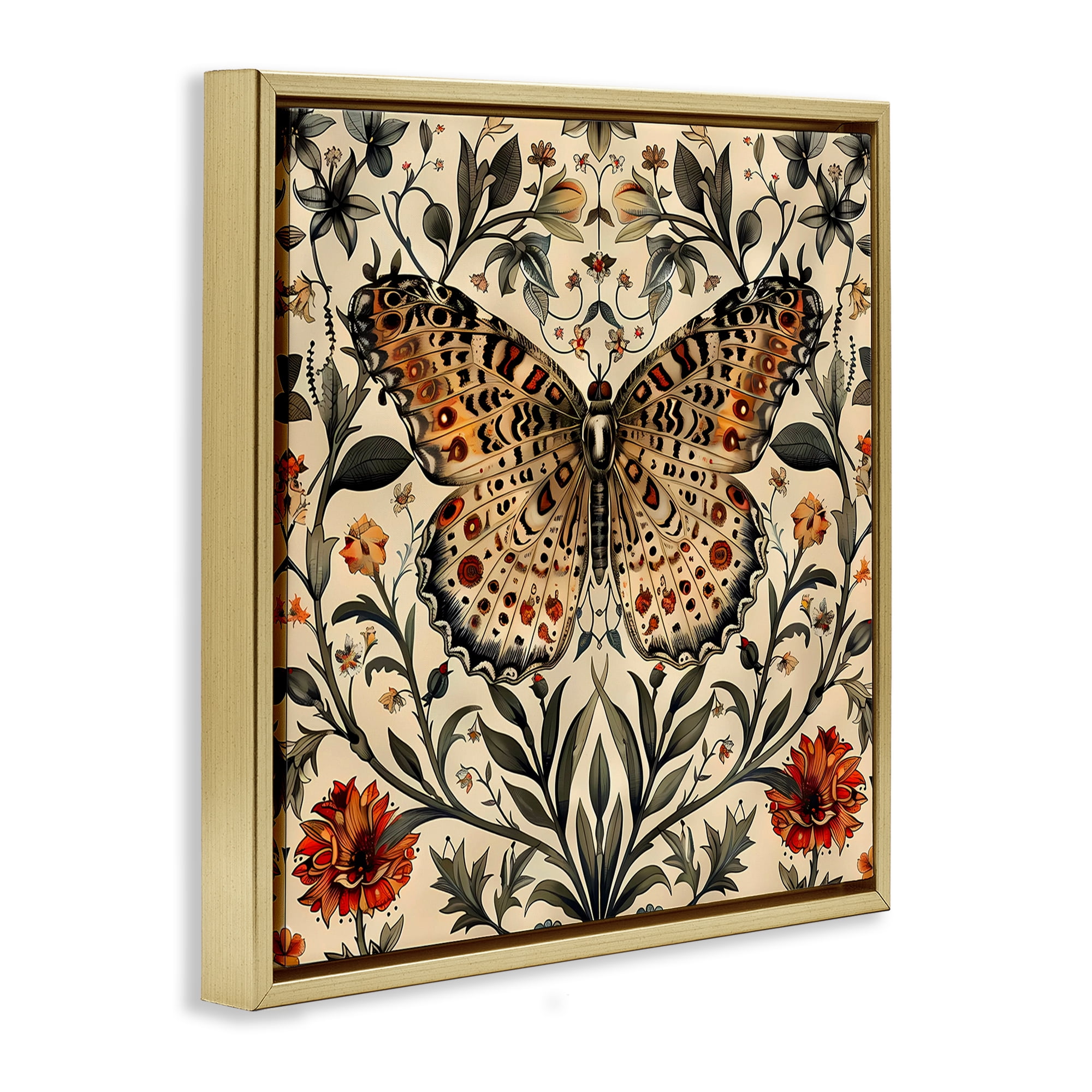 Stupell Industries Baroque Butterfly & Botanicals Animals Painting Gold Floater Framed Canvas Art Print Wall Art, 25 x 25