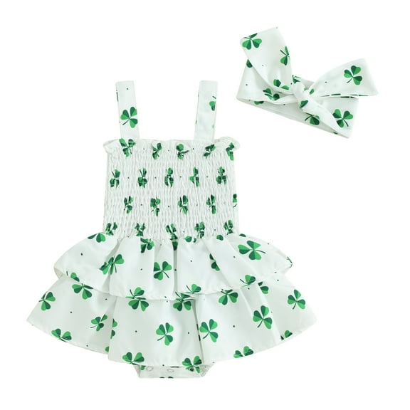 Musuos Baby Girls Irish Romper Dress 3 6 12 18M Sleeveless Clover Print Sweet Romper with Headband