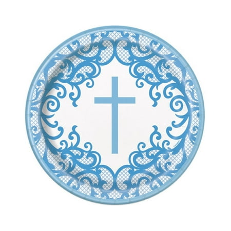 Fancy Blue Cross 8 Ct 7" Dessert Cake Plates Baptism Confirmation Church