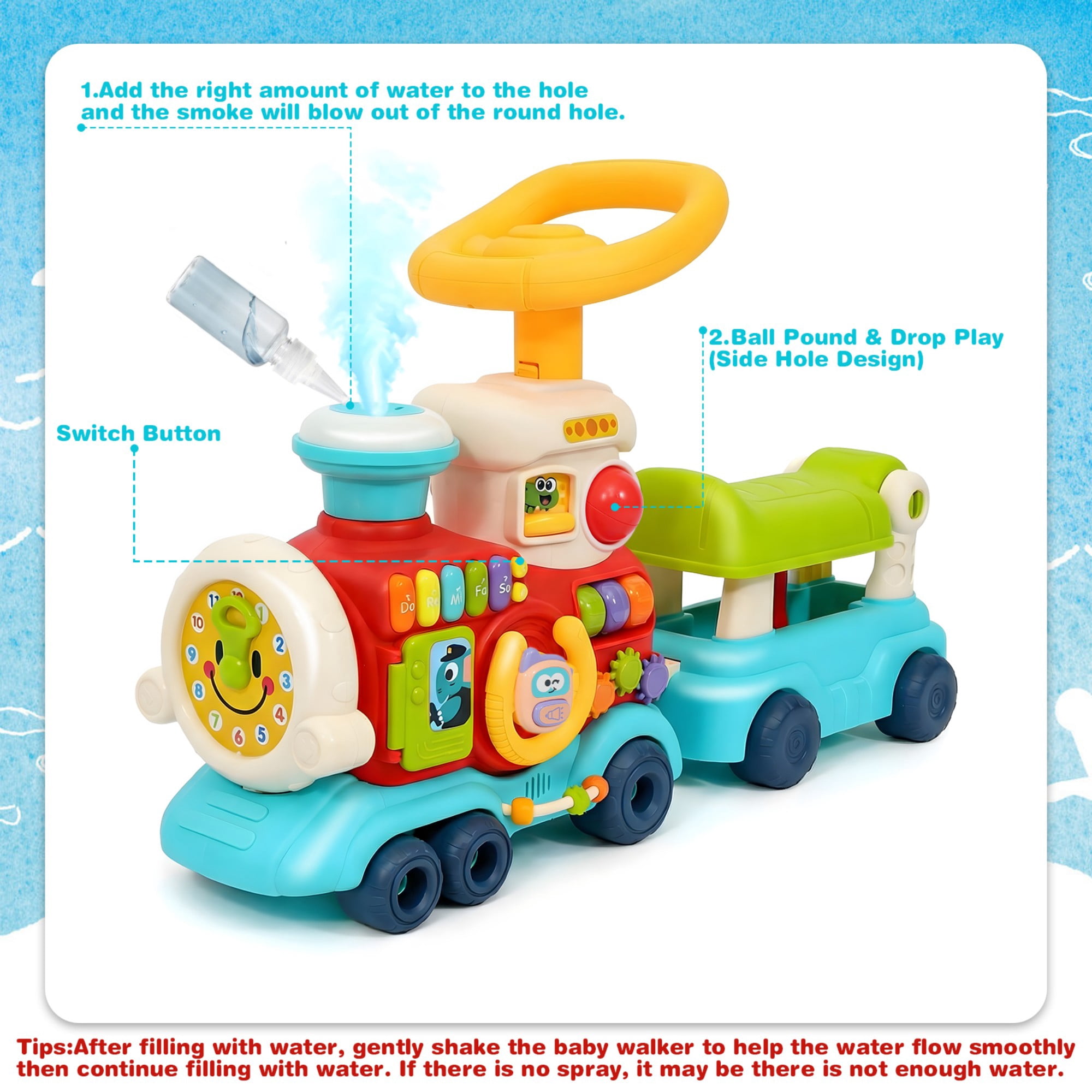 FVLOENG Baby Push Walkers Activity Table Center  4 in 1 Push Pull Sit and Ride Train Toys, Music Panel for 12 Months+ Early Educational Gift Infant Boys Girls