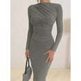 thumbnail image 5 of Women'S Fall Long Sleeve Bodycon Maxi Dresses Ruched Crew Neck Slim Fit Cocktail Party Dress Light Gray S, 5 of 10