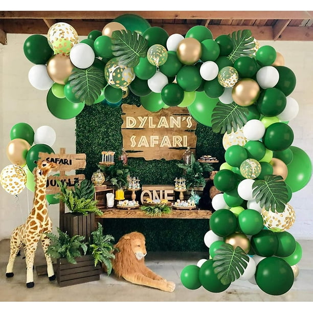 Kit de arco de guirnalda de globos de fiesta de 140 piezas, globos dorados y verdes, decoración de fiesta de dinosaurio con hojas de palma para animales de safari, un cumpleaños, bebé