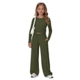 thumbnail image 5 of Girls 2 Piece Casual Sets Long Sleeve Crew Neck Top Straight Pants Outfits Kids Stylish Clothing Spring Fall Outfits Lounge Sets Blackish Green, 5 of 9