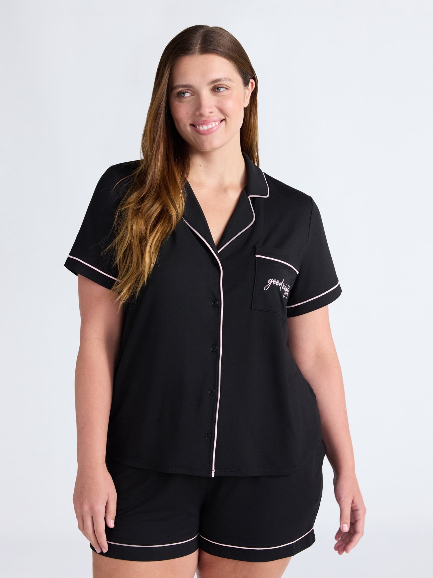 Joyspun Women’s Dreamy Soft Collection Notch Collar Knit Top and Boxer Shorts Pajama Set, Sizes XS-3X
