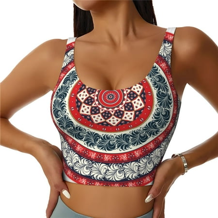 Qokaie Round Design Pattern Womens Scoop Neck Sports Bra Breathable Workout Vest Padded U Back Medium Impact Fitness Gym Yoga Bra Workout Crop Top-X-Large