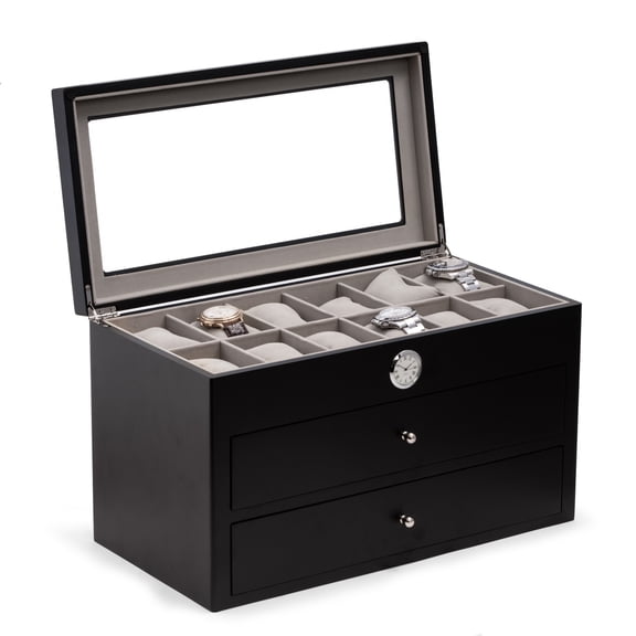 Black Wood Thirty-Six Watch Box With Quartz Movement Clock