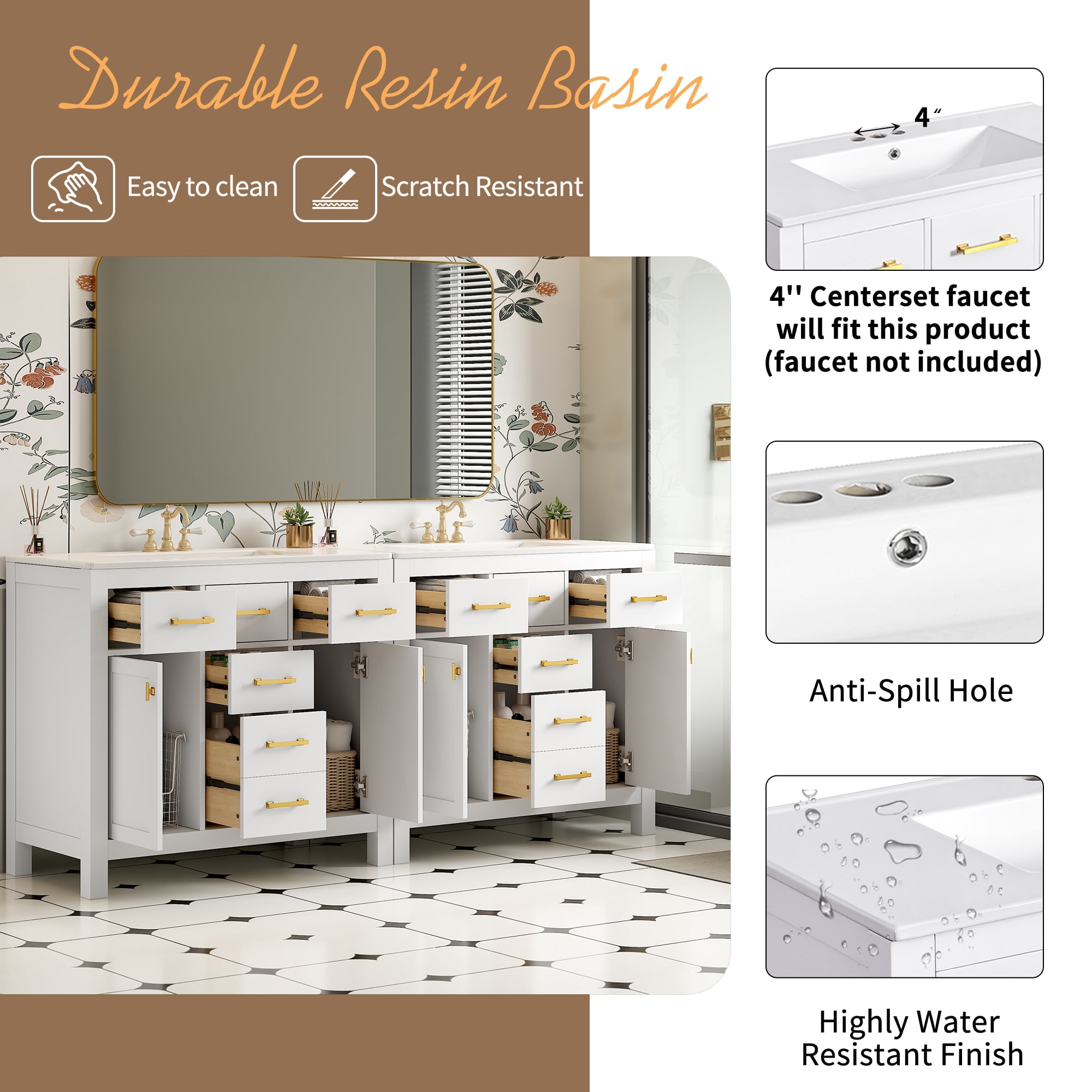 Euroco 72'' Bathroom Vanity with Ceramic Sink Combo Set, Modern Freestanding Single Bathroom Cabinet with 4 Drawers & 2 Cabinets,Storage Cabinet for Bathroom