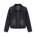 thumbnail image 7 of Women's Collared Zip Up Denim Jacket Long Sleeve Stretch Cropped Outerwear Lightweight Jean Coat With Zipper Side Pockets Black 2XL, 7 of 7