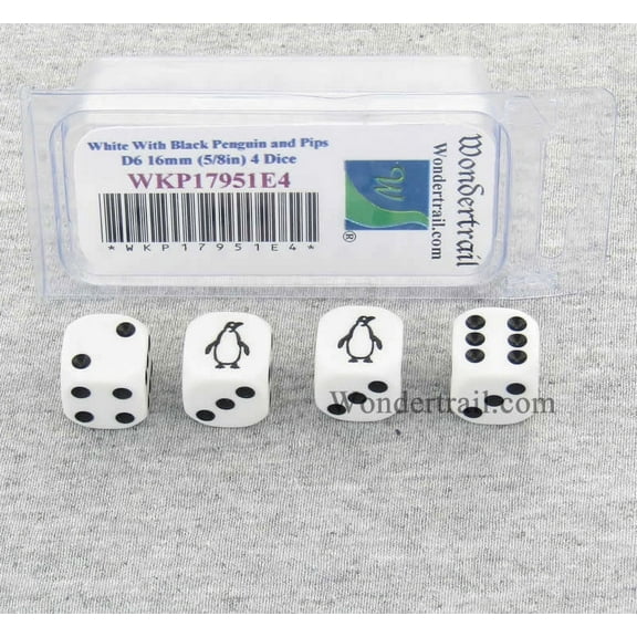 Pinquin Dice White Opaque with Black Pips D6 16mm (5/8in) Set of 4 Wondertrail