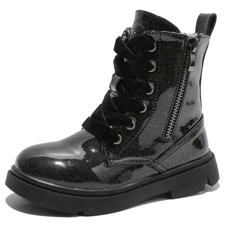 

DADAWEN Boys Girls Ankle Boots Combat Boots Waterproof Boots with Side Zipper Glossy Black 11.5 Little Kid