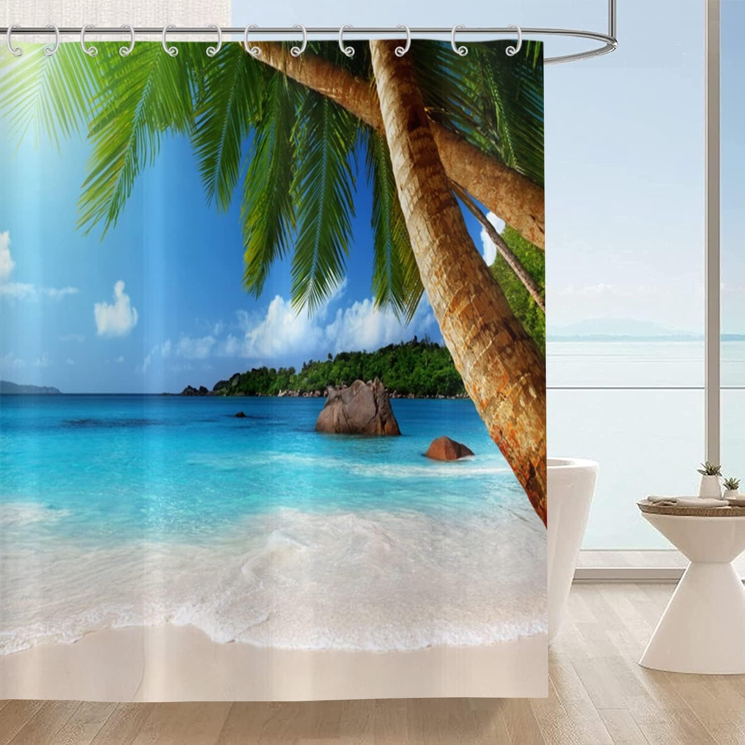 Ocean Beach Shower Curtain, Summer Seaside Tropical Paradise Blue Sky Palm Tree Island Bathroom Curtain Waterproof Fabric Machine Washable with 12 Hooks