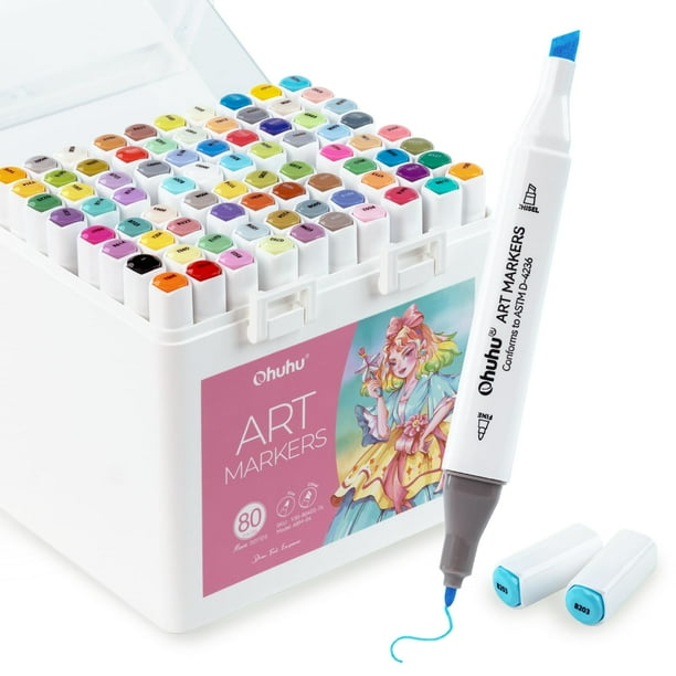 Juego de rotuladores Alcohol Art Ohuhu, 80 colores, cincel y puntas finas