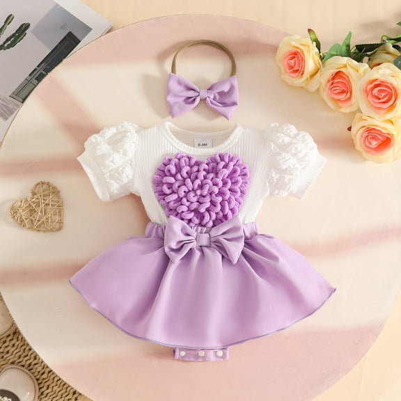 hengsof Infant Girls Dress Set with Headband 0-18 Months Solid Color Heart Bow Detail Bubble Sleeve Snap Crotch Dress Baby Shower Gift Outfit