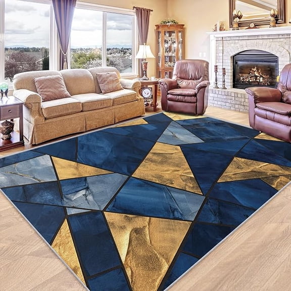 Patchwork Geometric Rugs & Home Decor, Abstract Marble Area Rug for Entryway Bedroom Living Room, Blue Gold Carpet, Non Slip Machine Washable Low Pile Rug, Indoor Floor Rug 4 x 6ft