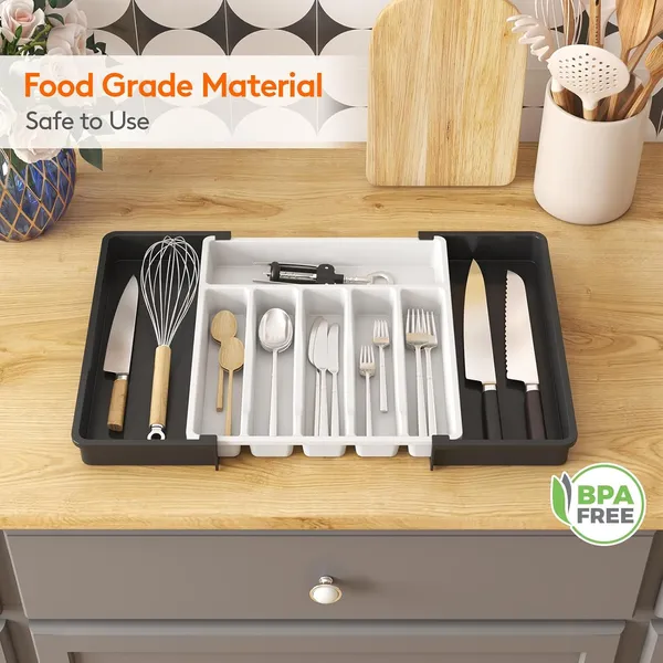 Silverware Drawer Organizer, Expandable Utensil Tray for Kitchen, BPA Free Flatware and Cutlery Holder, Adjustable Plastic Storage for Spoons Forks Knives, 13-22 x 15", White&Black