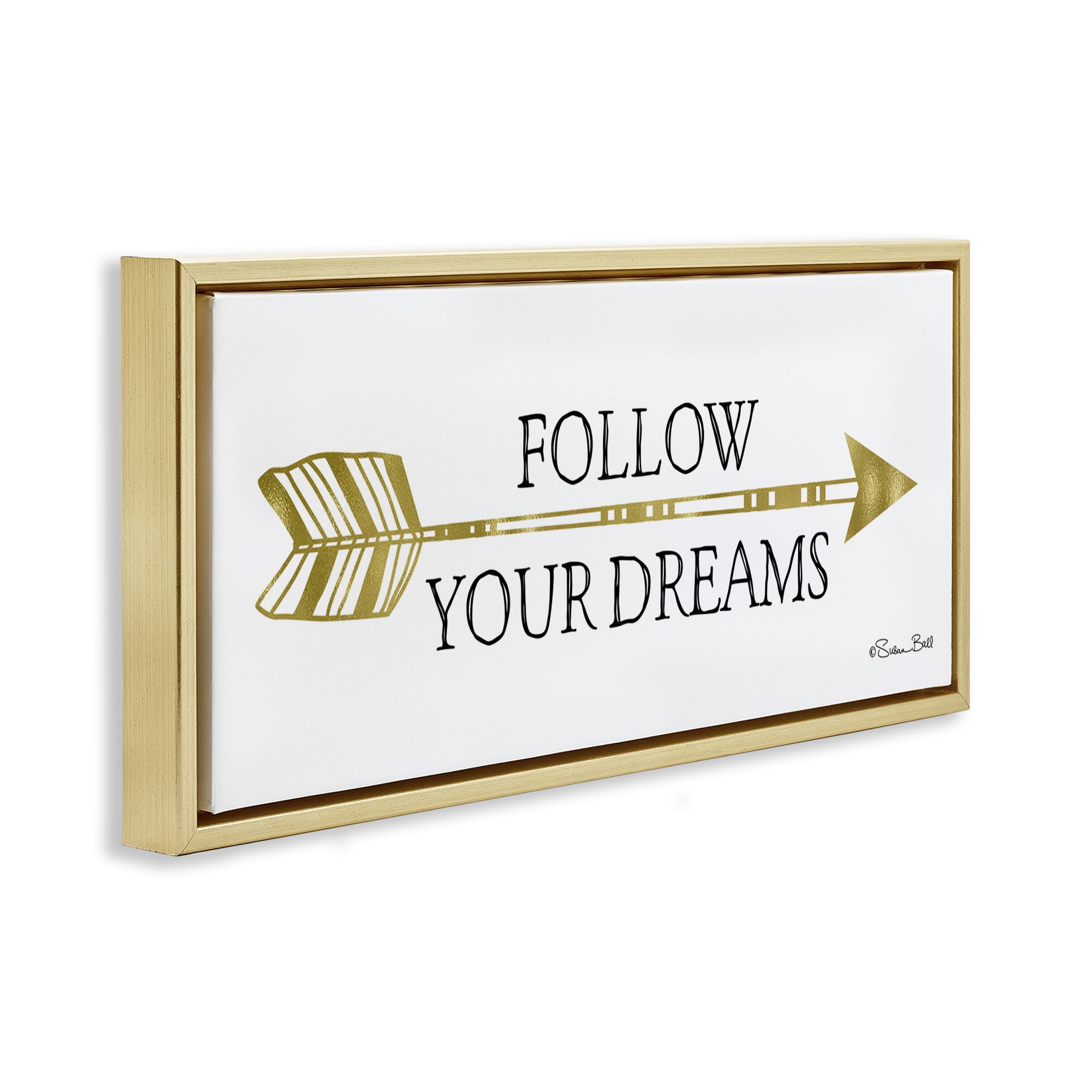 Stupell Industries Follow Your Dreams with Arrow Inspirational Painting Gold Floater Framed Canvas Art Print Wall Art, 31 x 14