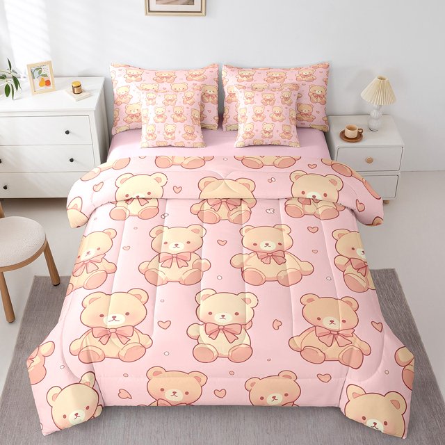 Erosebridal Lit Ours Brun en Sac Taille Simple, Ensemble de Lit Kawaii Nœud Papillon, Décor de Dessin Animé, Réversible 7 Pcs