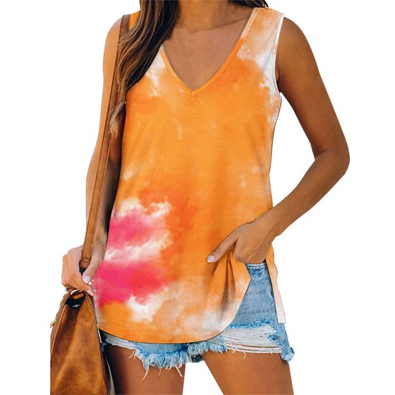 Women's Tennis Tanks Casual Tie Dye V-Neck Sleeveless Tank Top Blouse for Everyday Wear Yellow M