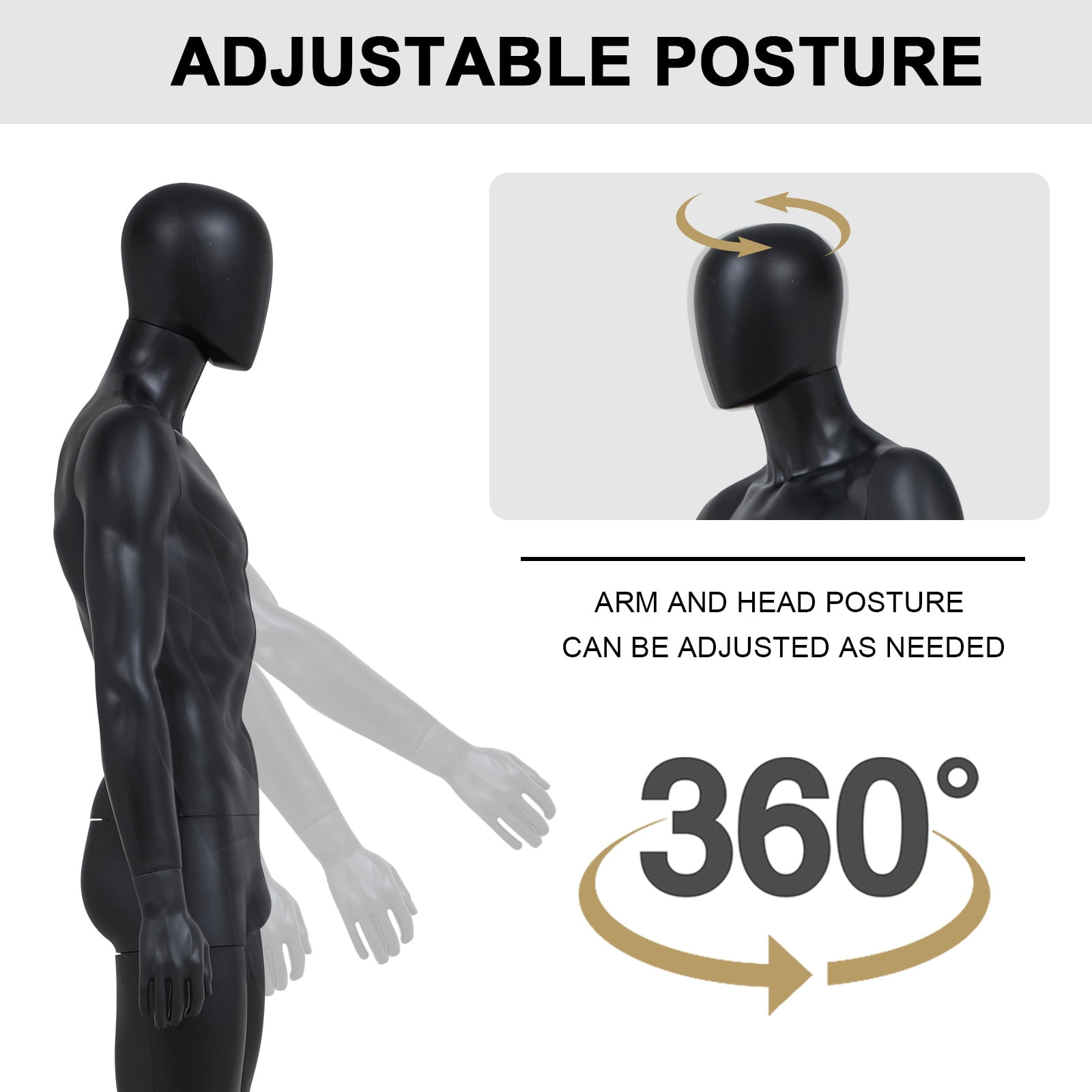 Kinbor 72.8Inch Full Body Male Mannequin, Dress Form Adjustable with Detachable Metal Stand for Retail Clothing Shops