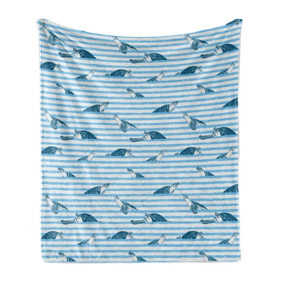 Striped Soft Flannel Fleece Blanket, Turtles and Blue Stripes Abstract Print Aquatic Theme Caretta Ocean Animals Pattern, Cozy Plush for Indoor and Outdoor Use, 60" x 80", Blue Navy, by Ambesonne
