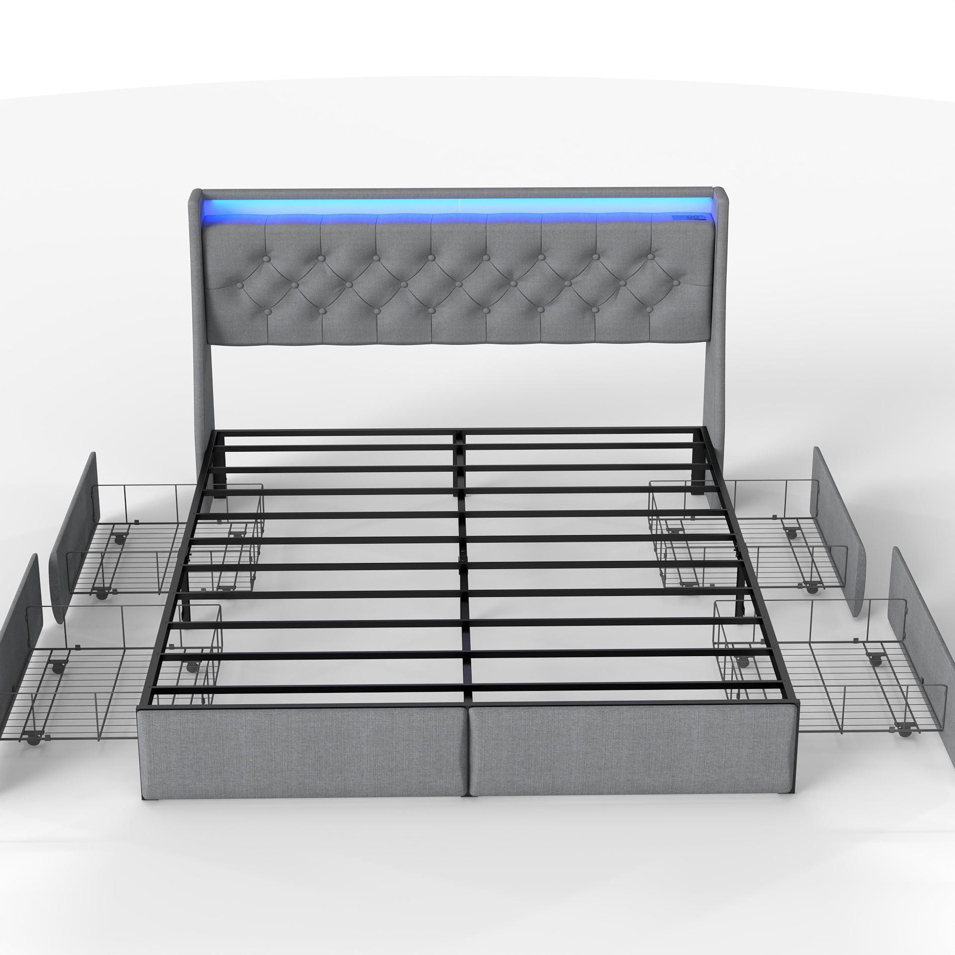Mintazer Full Size Tufted Upholstered Storage Bed Frame with LED Light & Charging Station, Platform Bed Frame with 4 Drawers, No Box Spring Required, Grey