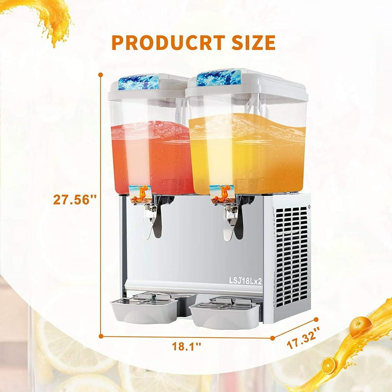 Commercial Beverage Dispenser, 2 Tanks 9.5 Gallon 36L Commercial Juice  Dispenser, 18 Liter Per Tank, 280W Stainless Steel Food-Grade Ice Tea Drink  Dispenser with Thermostat Controlle