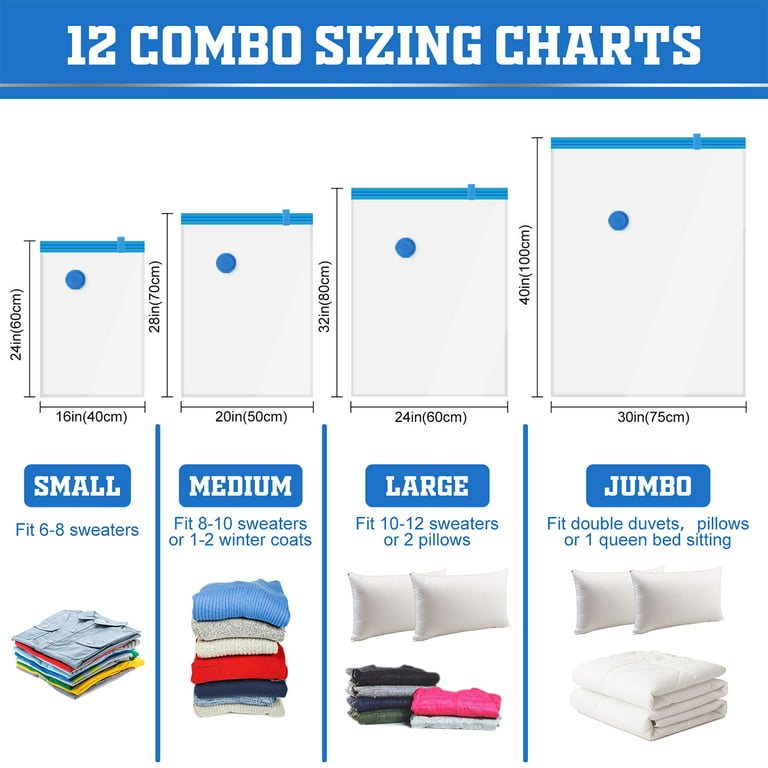 Invoibler 12 Pcs Multiple Sizes Vacuum Storage Bags with Pump，Vacuum  Storage Bags for Clothes,Comforters ,Blankets，Vacuum Compression Bags for