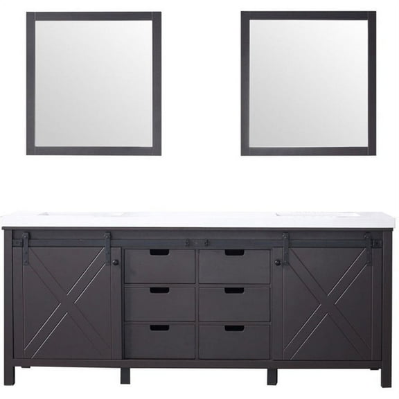 Lexora Home Marsyas 80" Quartz Top Double Vanity with Sinks and Mirrors in Brown