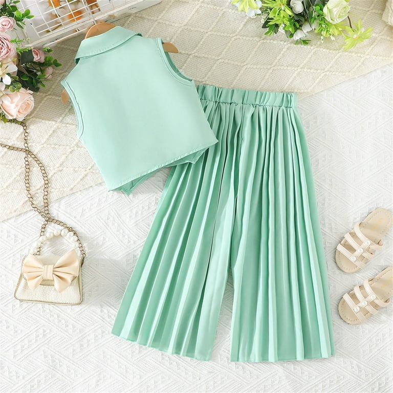 Mint Green Girls 2 Piece Outfit Set: Sleeveless Double Breasted