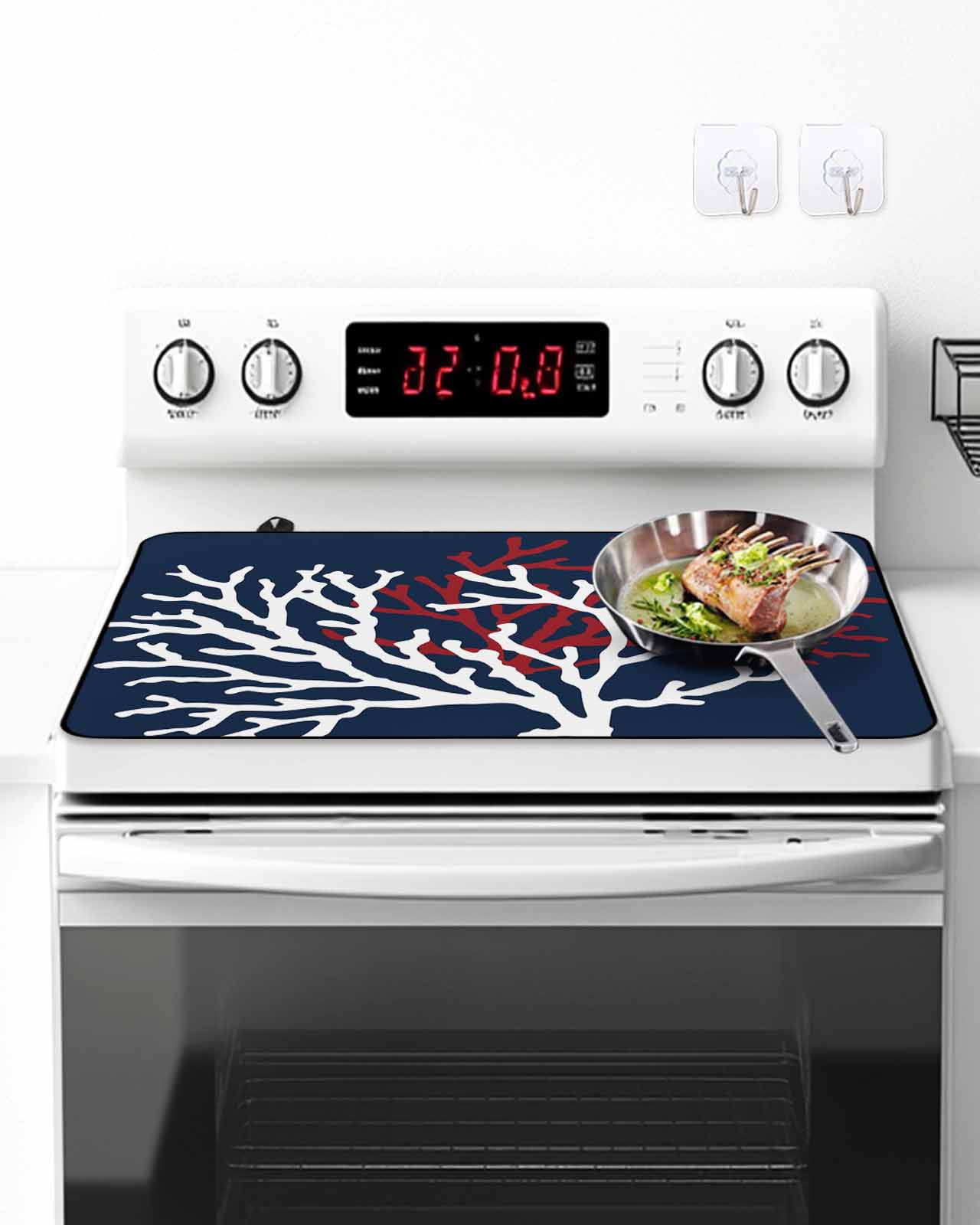 Stove Top Covers for Electric Stove, Red White Coral Glass Stovetop Cover Protector, Summer Ocean Nautical Coastal Navy Blue Induction Cooktop Protector Oven Mat for Kitchen Countertop 24"x21"