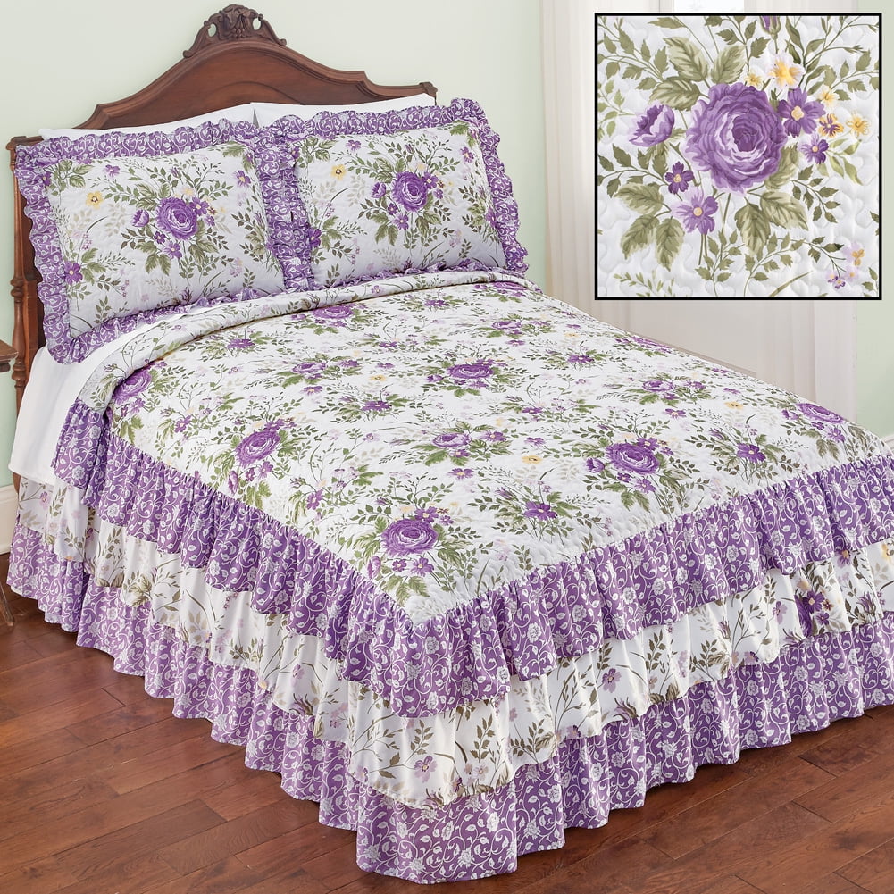 Country Purple Floral 3 Tier Ruffled Bedspread With Quilted Top