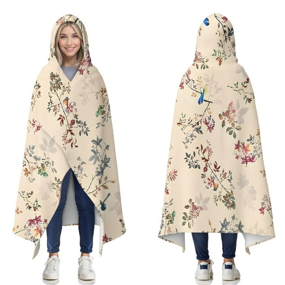 Wearable Blanket,Pioneer Flower Floral Print Pattern Hooded Wearable Flannel Blanket for Adults & Teens,Winter Poncho Shawl Wrap Cape Cozy Anti-Pill,50"x60"