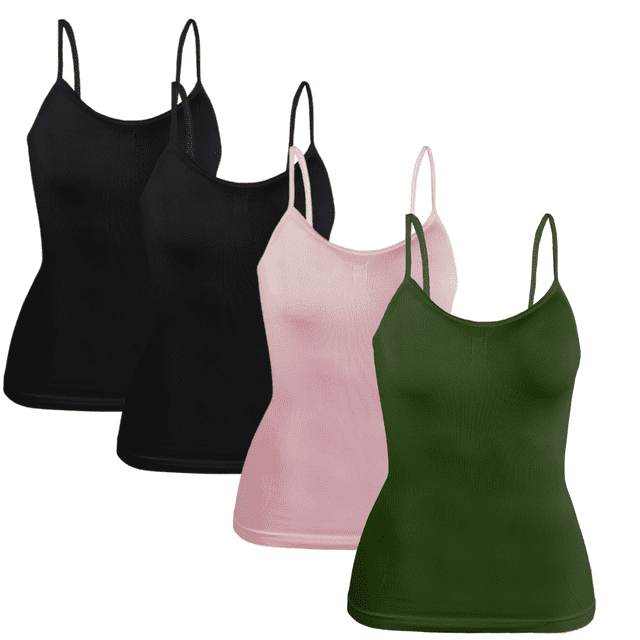 set 4 blusas mujer tirantes unitalla casual blusa crop top dama Pack de 4 blusas Malabis en negro, negro, rosa pálido y verde musgo; vista frontal 3/4 de cuatro tops crop con tirantes finos, escote en V suave, corte ajustado y tejido stretch liso diseñado para soporte del busto, fondo blanco; también aptas para uso deportivo ligero o como capa base para combinar tu look.