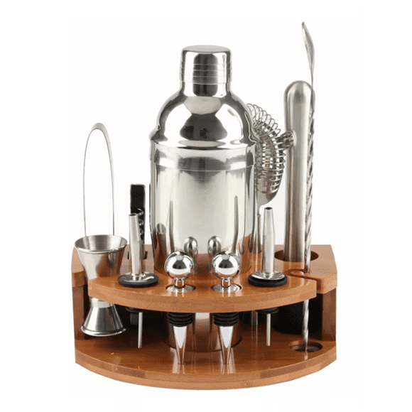 Kit Bar Cóctel 12 Pz Barman Destapador Utensilios Plata BAse Marron
