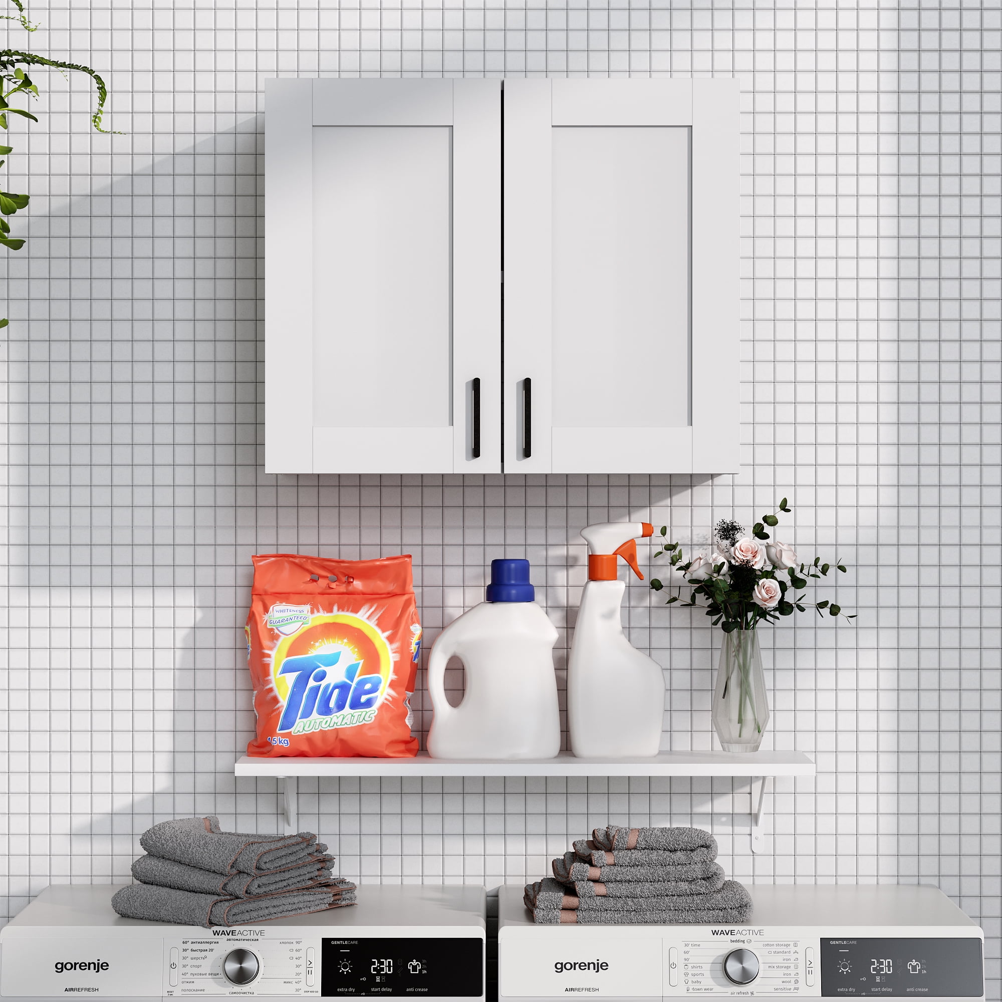 White Laundry Room Cabinets and Storage with 2 Doors and Utility Adjustable Shelf，Gabinetes Para Cocina Cupboard Kitchen Organizers and Storage Pantry Wall Mounted 12.4"D x 23.6"W x 19.7"H