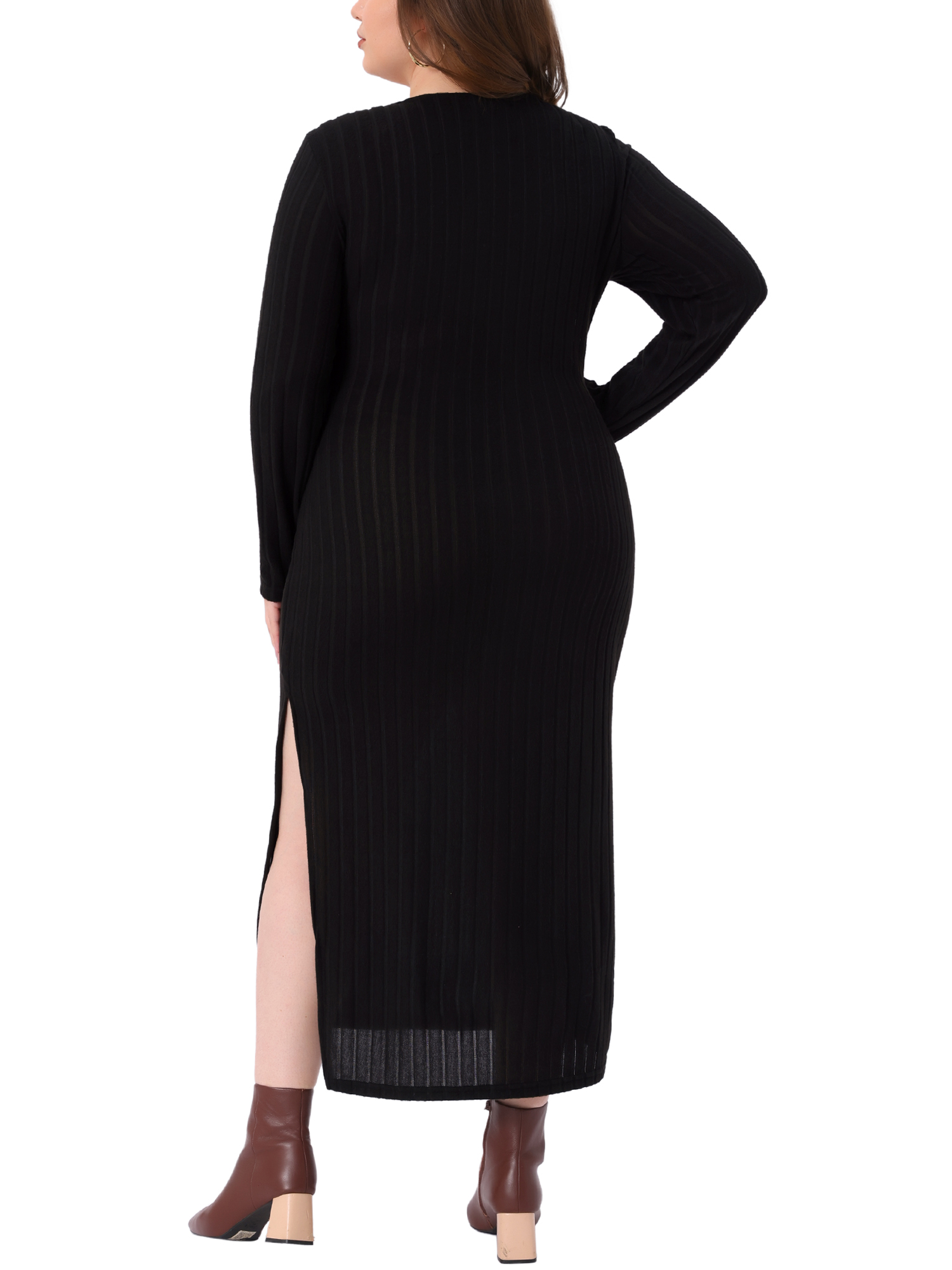 DARING DIVA Plus Size Ribbed Knit Midi Side Slit Long Sleeves Dress 2X Black