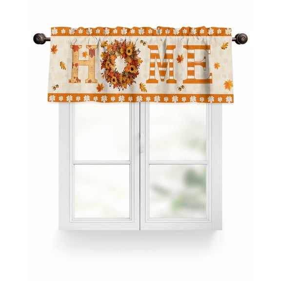 Fall Thanksgiving HOME Sign Kitchen Valances for Windows Farmhouse Orange Pumpkin Maple Leaf Valance Curtains for Kitchen /Living Room/Bedroom/ Bathroom Decor, 42"x12 " ,Rod Pocket 1 Panel,