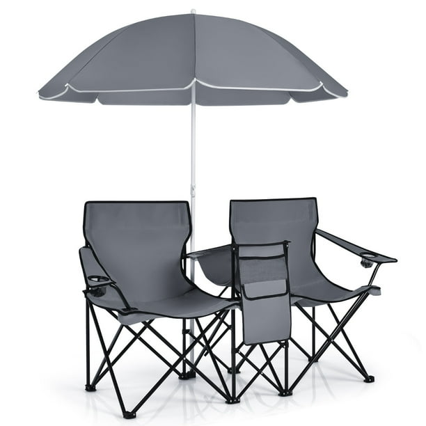 Costway Silla de Camping con Sombrilla Portátil y Plegable Doble Silla Taburete Tejido Oxford Mini Mesa Posavasos para Exterior Picnic Patio