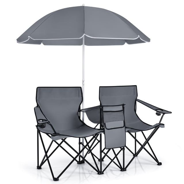 Costway Silla de Camping con Sombrilla Portátil y Plegable Doble Silla Taburete Tejido Oxford Mini Mesa Posavasos para Exterior Picnic Patio