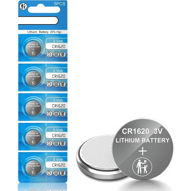 CR1620 3V Lithium Battery, 5 Count Pack CR 1620 3 Volt Button Coin Cell Battery for Car Key Fobs, Keyless Remotes, Watches, Garage Door Openers, Remote Controls