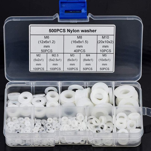 Paquete de 500 arandelas de nailon, arandelas planas de nailon de plástico M2 M2.5 M3 M4 M5 M6 M8 M10, surtido de espaciadores, kit de arandelas de nailon blancas con caja para plomería, tornillos,